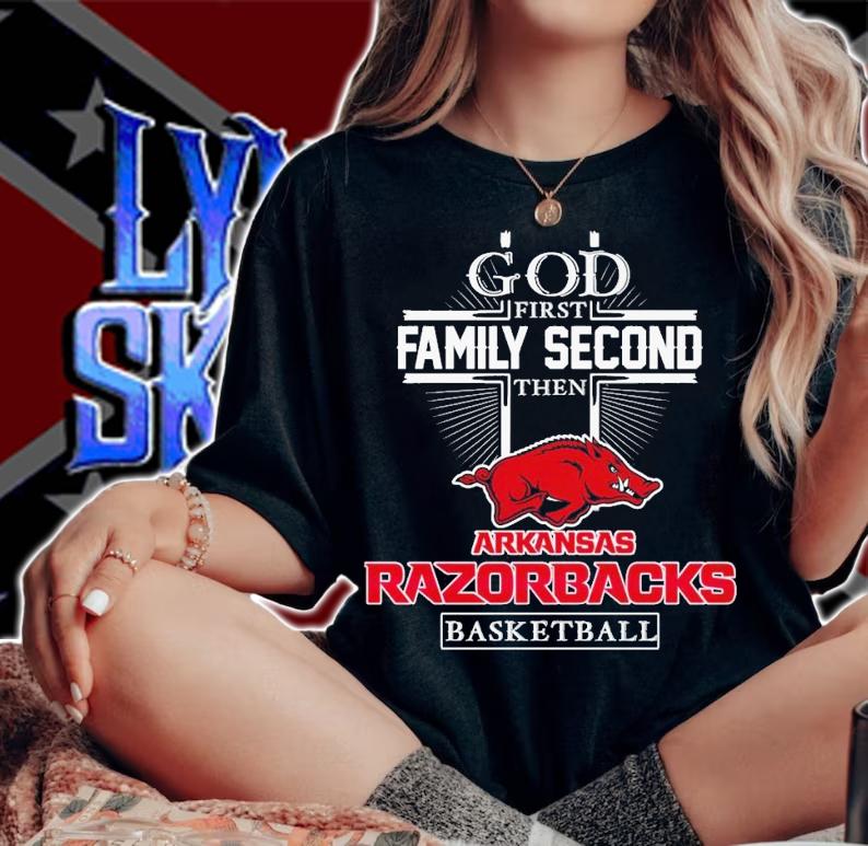 God first family second then Arkansas Razorbacks basketball shirt t-shirt woman shirt