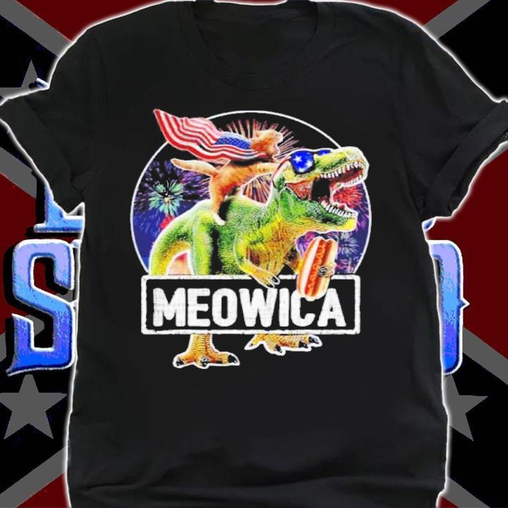 Meowica American Flag Cat T Rex Dinosaur 4th of July Kids Shirt t-shirt