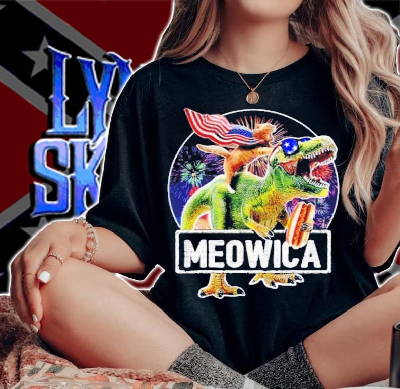 Meowica American Flag Cat T Rex Dinosaur 4th of July Kids Shirt t-shirt