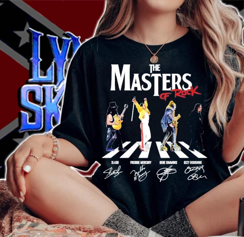 The Masters of Rock Abbey Road Slash Freddie Mercury Gene Simmons Ozzy Osbourne signatures shirt t-shirt woman shirt