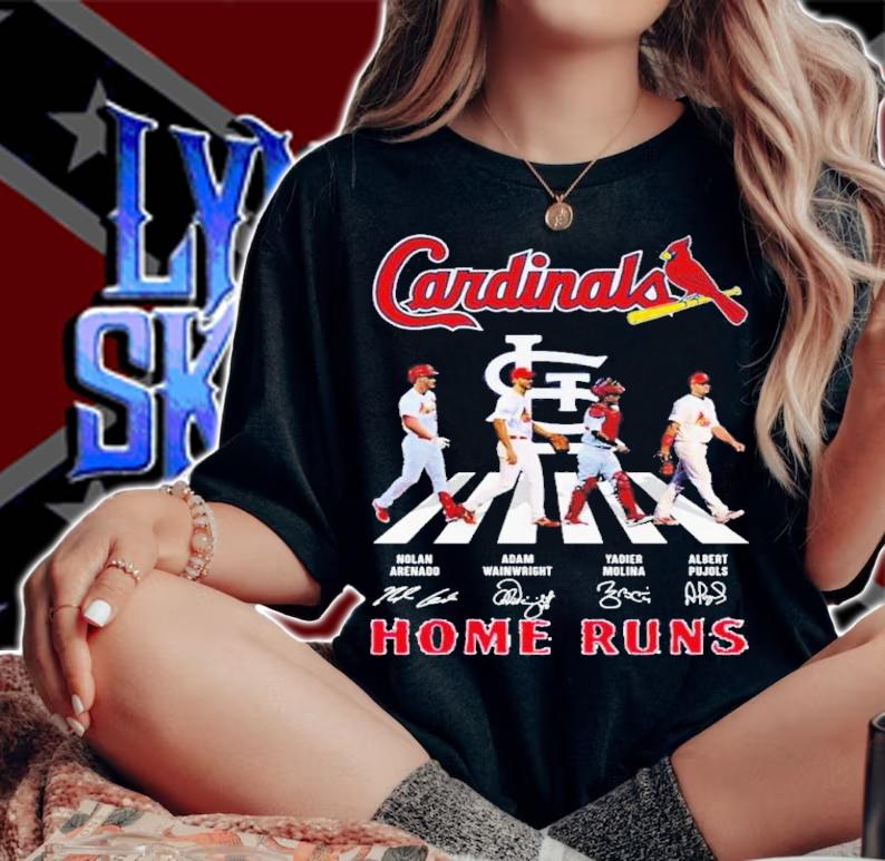 The Cardinals Nolan Arenado Adam Wainwright Yadier Molina And Albert Pujols Home Runs Abbey Road Signatures Shirt t-shirt woman shirt