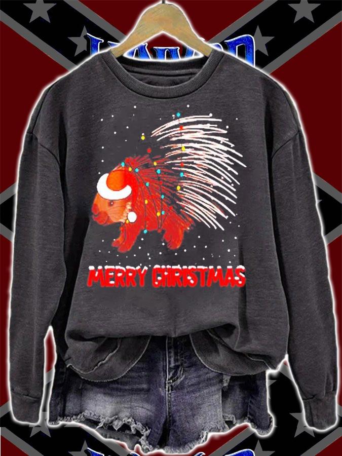 Womens Cute Porcupine Christmas Tree Lights T-Shirt t-shirt