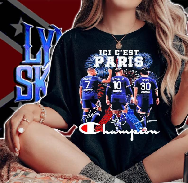 Ici C'est Paris Lionel Messi Kylian Mbappe And Neymar Jr Signatues Shirt woman shirt