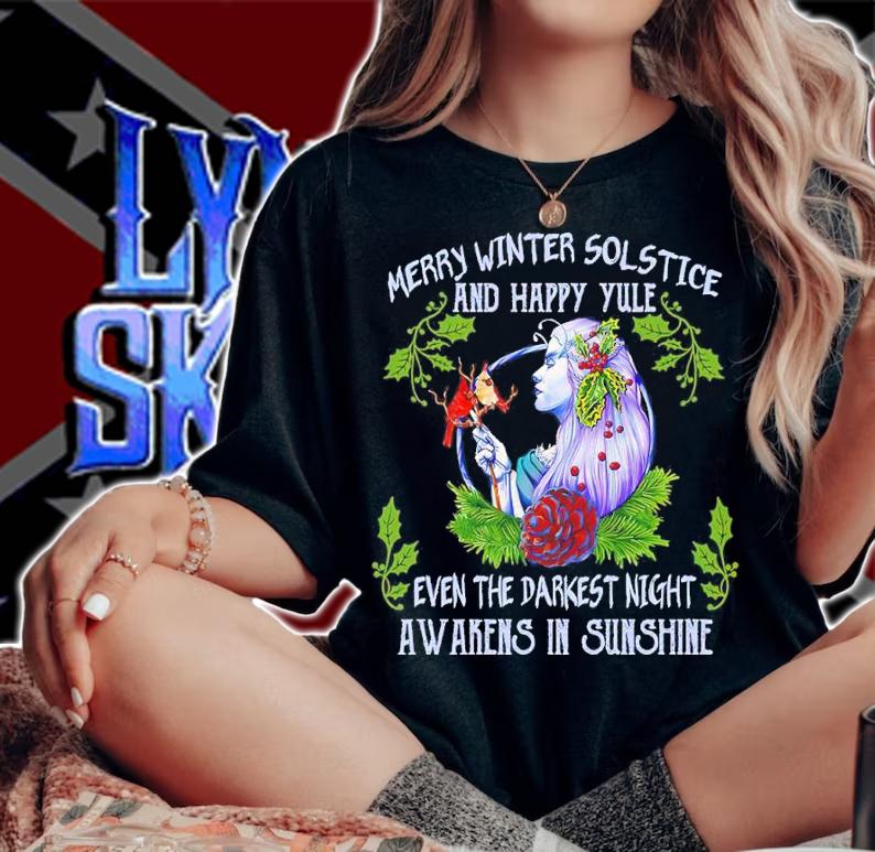 Merry Winter Solstice And Happy Yule Even The Darkest Night Awakens In Sunshine Shirt woman shirt