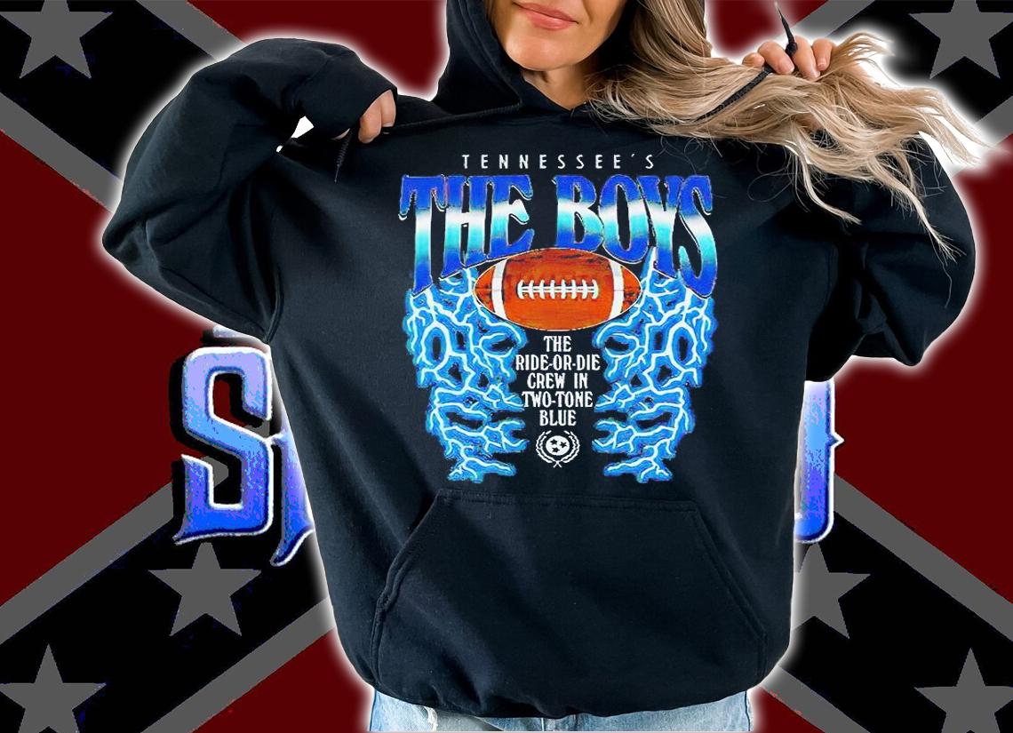 Tennessee's The Boys the ride or die crew in two tone blue T-shirt