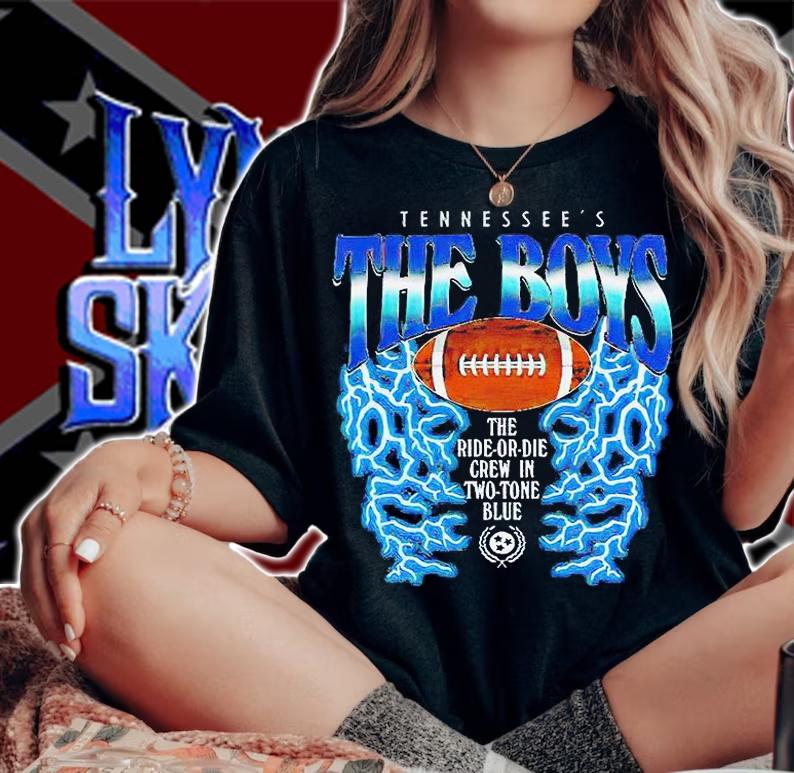 Tennessee's The Boys the ride or die crew in two tone blue T-shirt