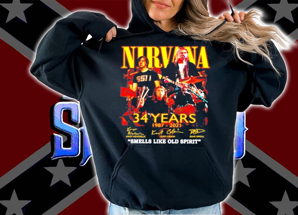 Men's Nirvana 34 years 1987 2021 smells like old spirit t-shirt hoodie