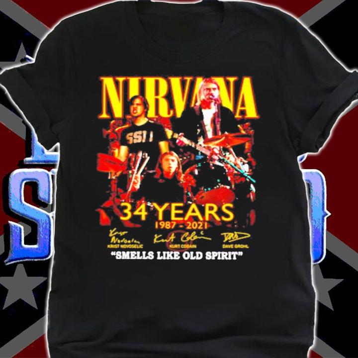 Men's Nirvana 34 years 1987 2021 smells like old spirit t-shirt shirt