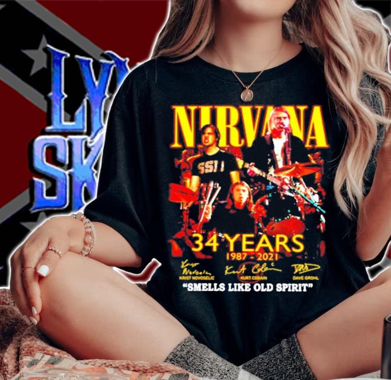 Men's Nirvana 34 years 1987 2021 smells like old spirit t-shirt woman shirt