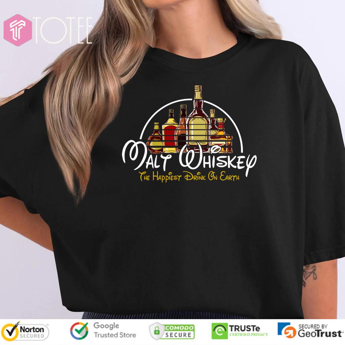 The Happiest Drink On Earth Malt Whiskey Parody Walt Disney Logo T-Shirt