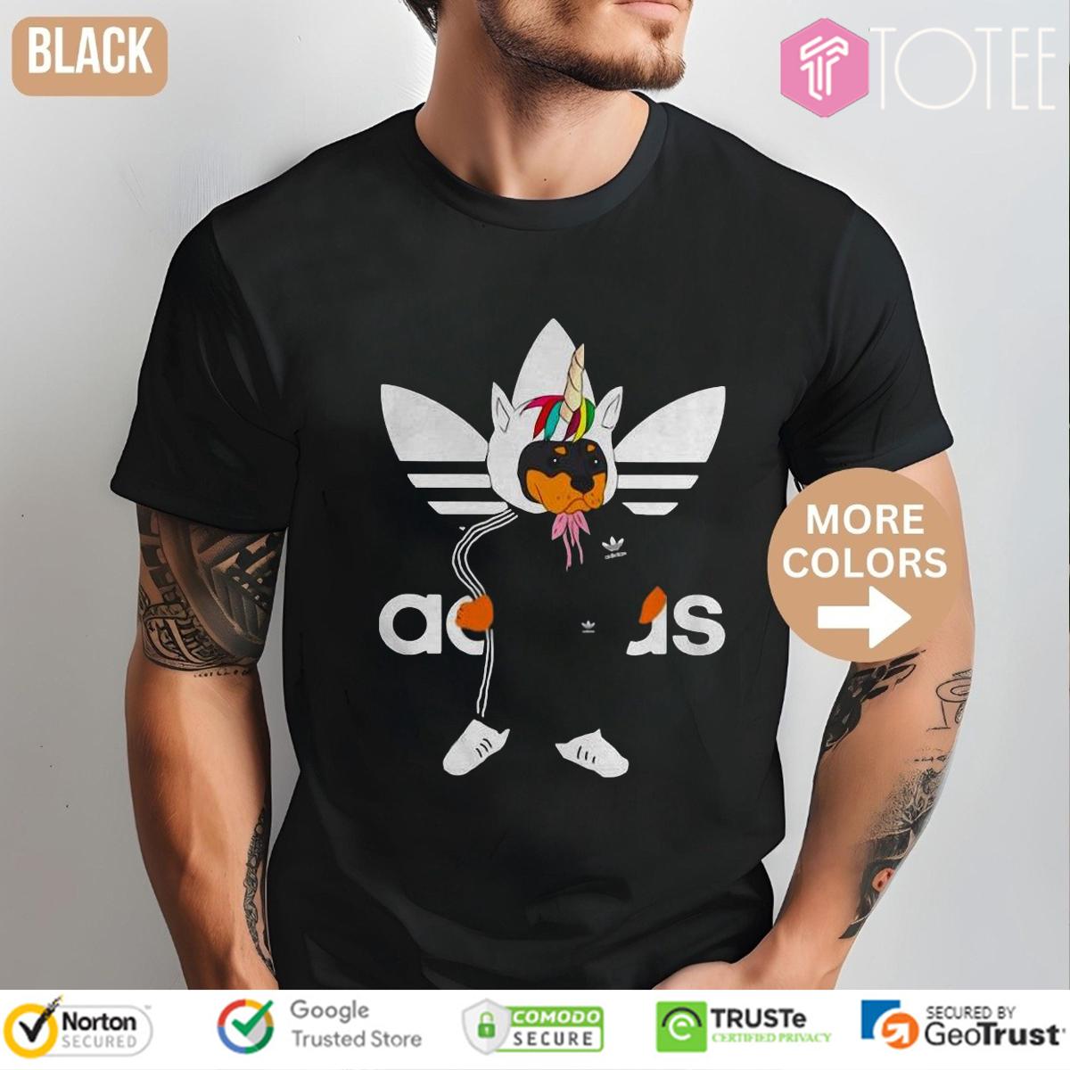 Rottweiler Wearing Unicorn Hat Parody Adidas Logo T-Shirt